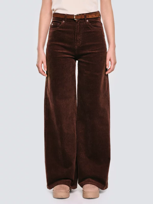 Spodnie damskie sztruksowe z szeroką nogawką ciemnobrązowe Celinesi 804