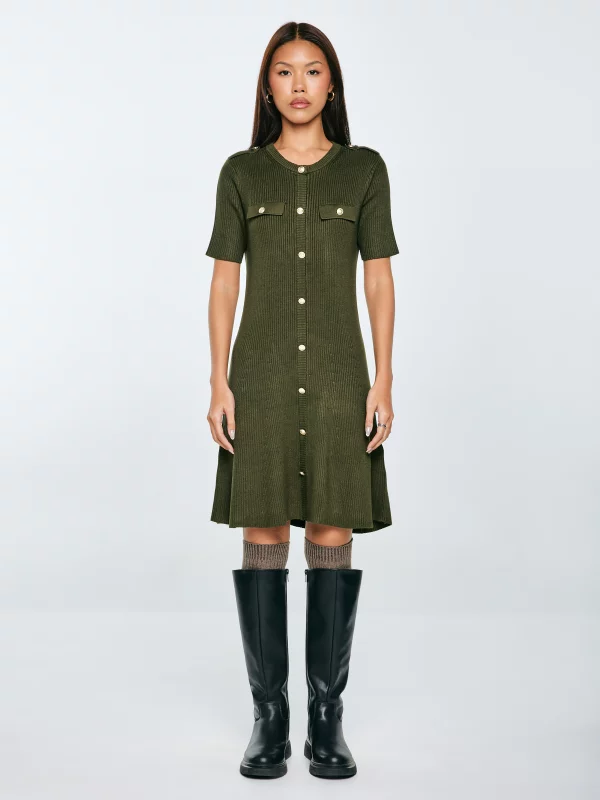 Sukienka damska mini z wiskozy z ozdobnymi guzikami khaki Dilara 303