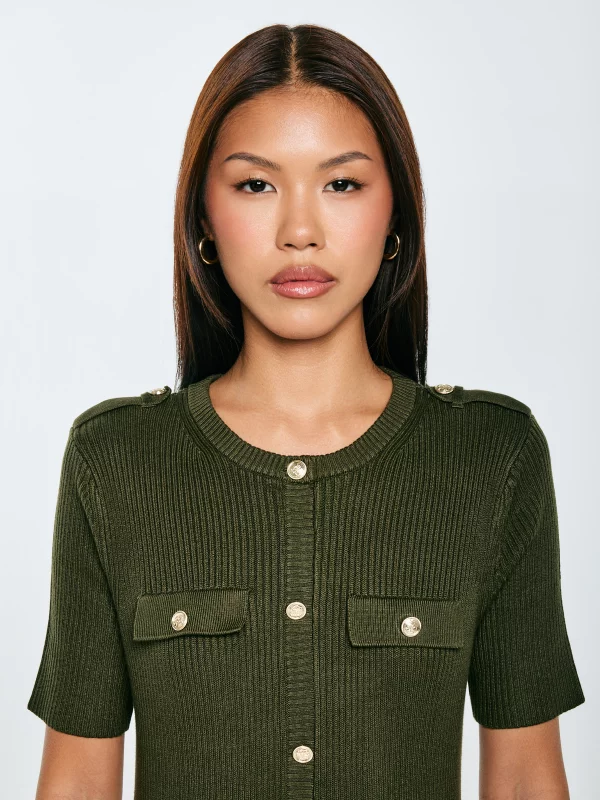 Sukienka damska mini z wiskozy z ozdobnymi guzikami khaki Dilara 303