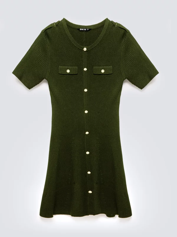 Sukienka damska mini z wiskozy z ozdobnymi guzikami khaki Dilara 303