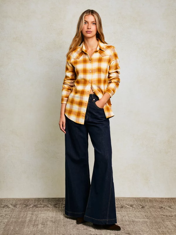 Koszula damska flanelowa w kratę żółto-brązowa Dreni 201