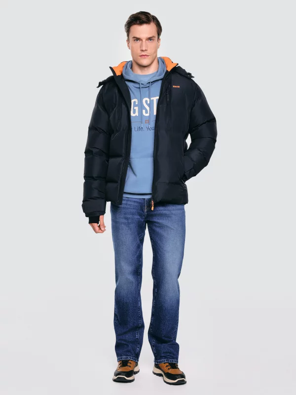 Kurtka męska puchowa z naturalnym wypełnieniem z kapturem granatowa Eurico 404