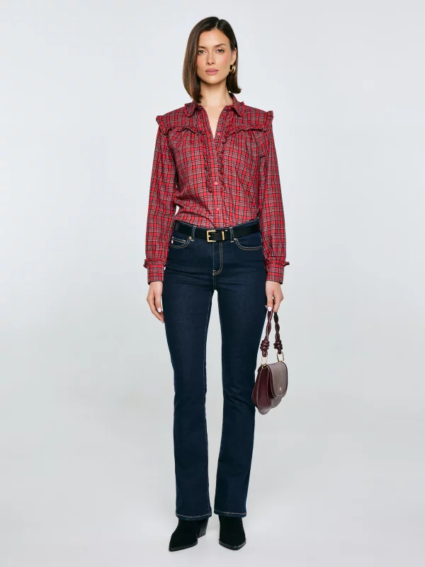 Koszula damska w kratę z ozdobnymi falbankami czerwona Frilo 000