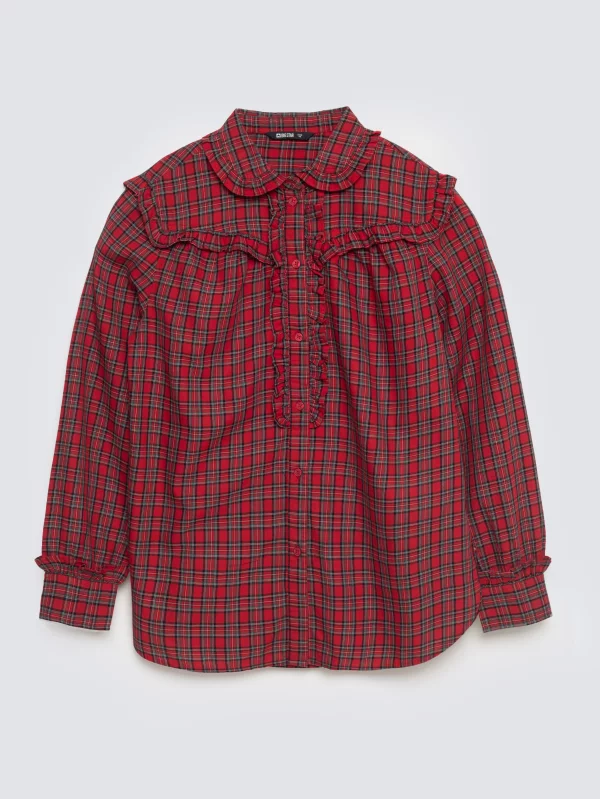 Koszula damska w kratę z ozdobnymi falbankami czerwona Frilo 000