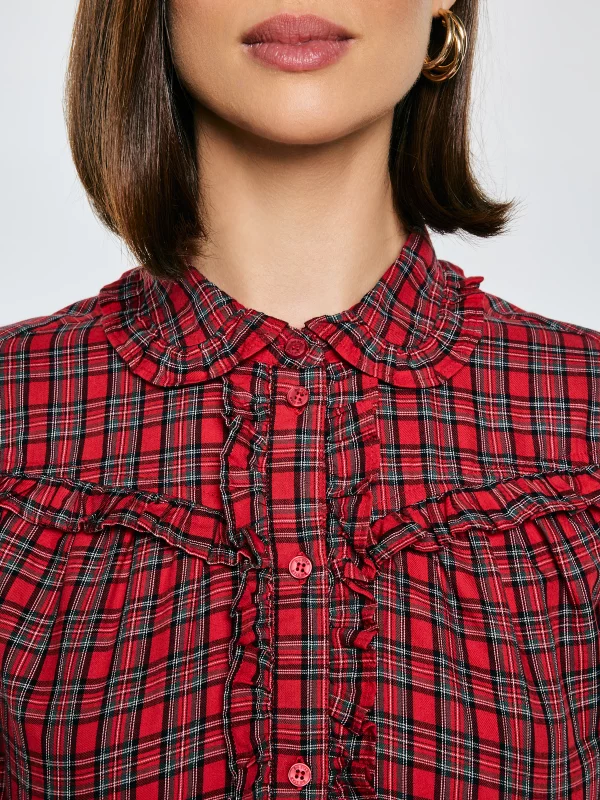 Koszula damska w kratę z ozdobnymi falbankami czerwona Frilo 000