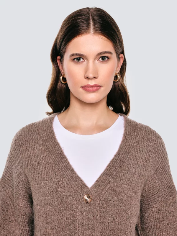 Kardigan damski z dodatkiem wełny brązowy Kardila 804