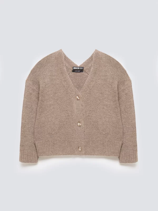 Kardigan damski z dodatkiem wełny brązowy Kardila 804