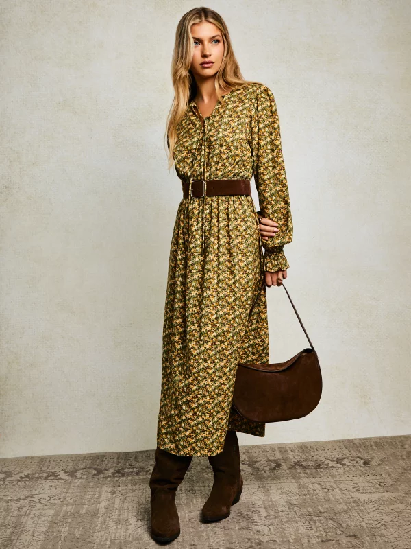 Sukienka damska midi z wiskozy z motywem kwiatowym żółta Londa 201