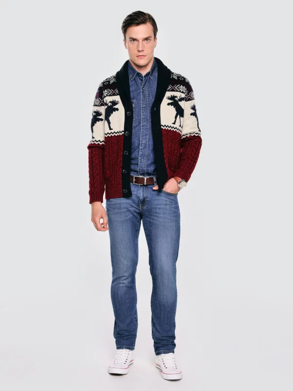 Kardigan męski ze wzorem skandynawskim bordowo-granatowy Lorenzo 000