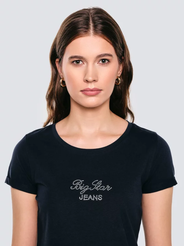 Koszulka damska z napisem z cyrkonii granatowa Malvina 403