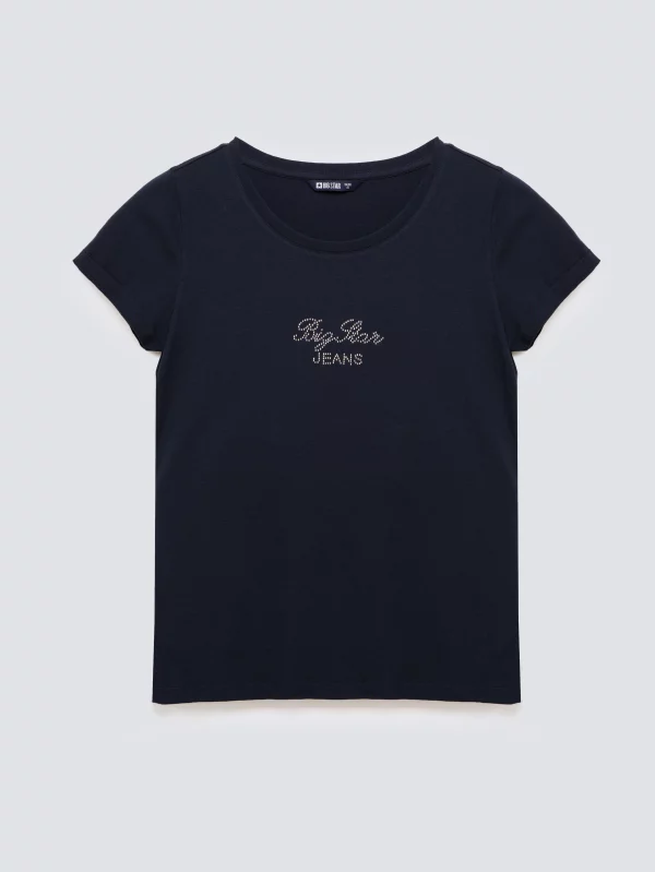 Koszulka damska z napisem z cyrkonii granatowa Malvina 403