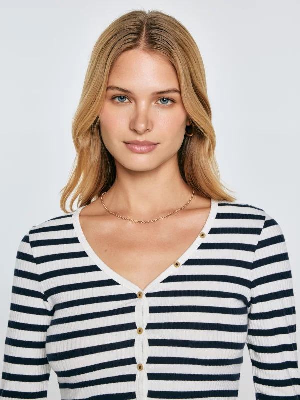 Bluzka damska slim z dekoltem v-neck w paski granatowa Mella 403