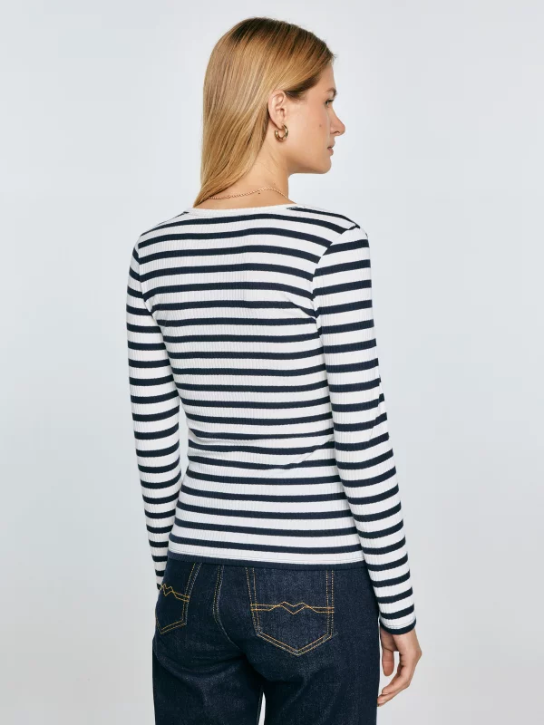 Bluzka damska slim z dekoltem v-neck w paski granatowa Mella 403