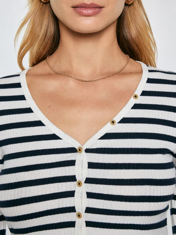 Bluzka damska slim z dekoltem v-neck w paski granatowa Mella 403