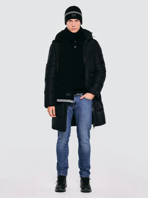 Płaszcz męski pikowany z kapturem czarny Mikronos 906