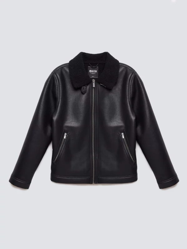 Kurtka męska pilotka z kołnierzem ze skóry ekologicznej czarna Nimo 906