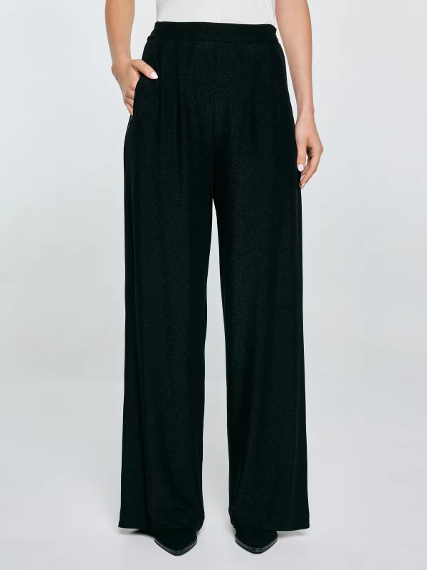 Spodnie damskie z szeroką nogawką błyszczące czarne Cora 906