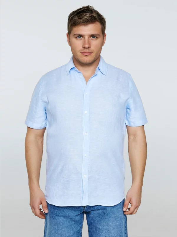 Lniana koszula męska z krótkim rękawem błękitna Linerso 400