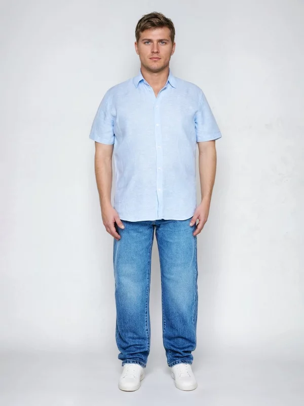 Lniana koszula męska z krótkim rękawem błękitna Linerso 400