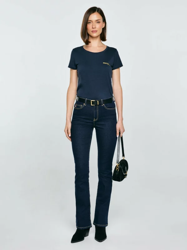 Koszulka damska z brokatowym nadrukiem granatowa Merra 403