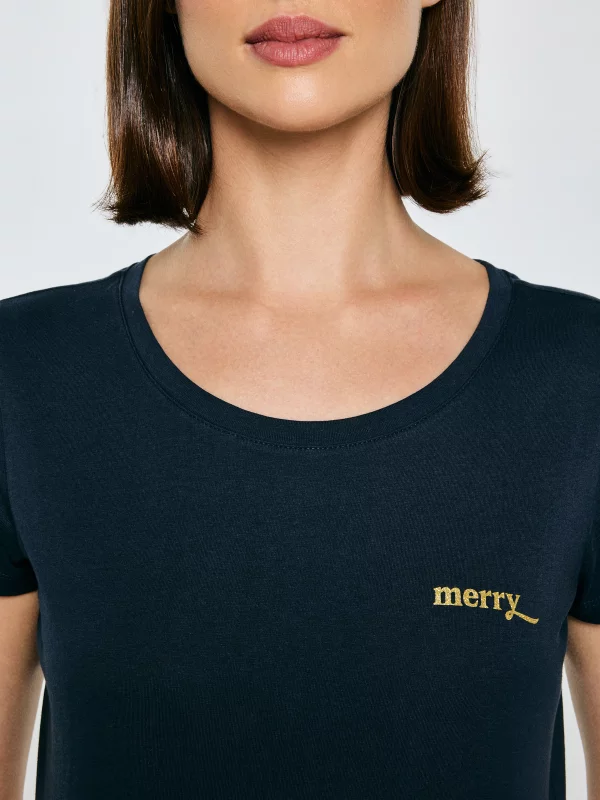 Koszulka damska z brokatowym nadrukiem granatowa Merra 403