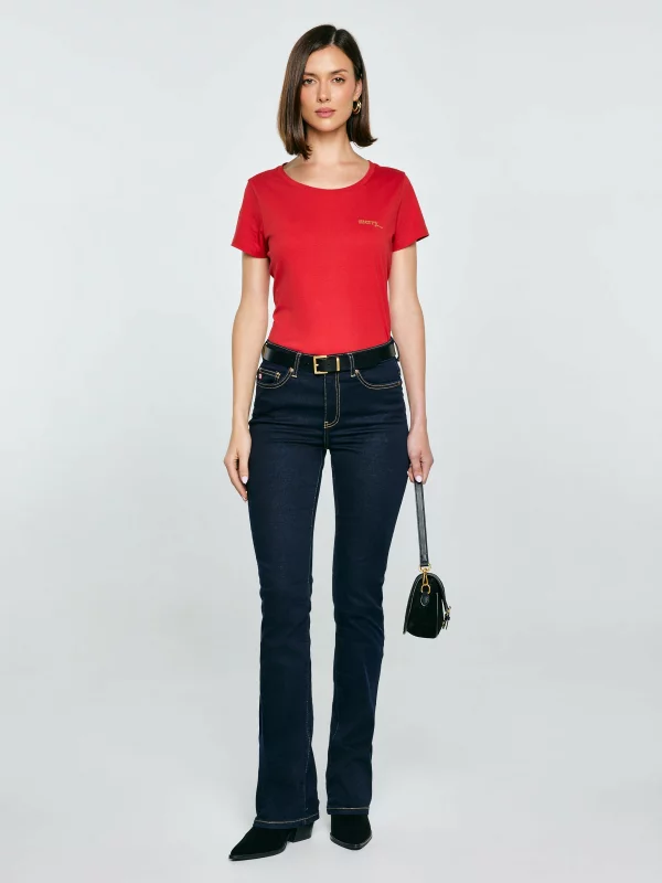 Koszulka damska z brokatowym nadrukiem czerwona Merra 603