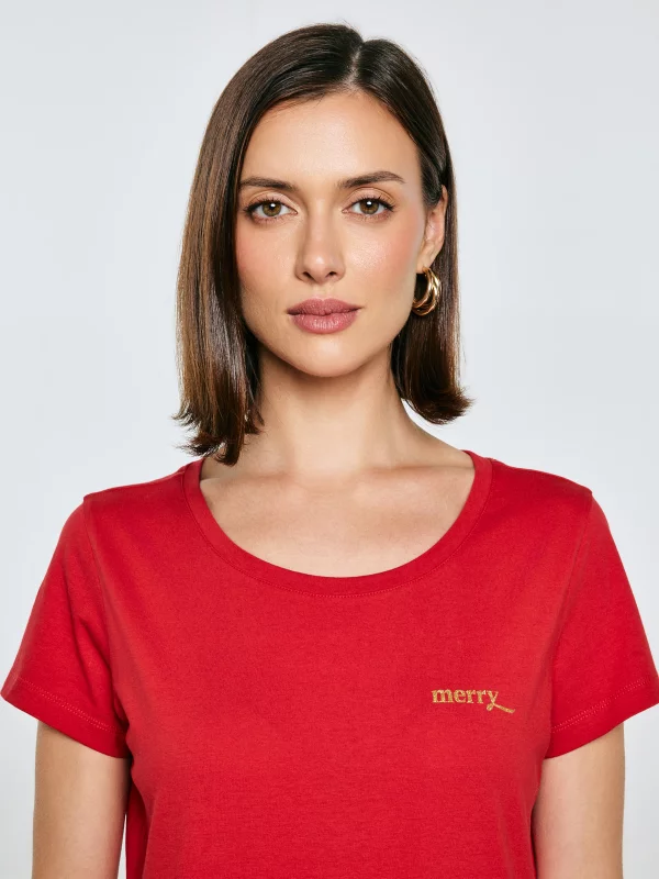 Koszulka damska z brokatowym nadrukiem czerwona Merra 603