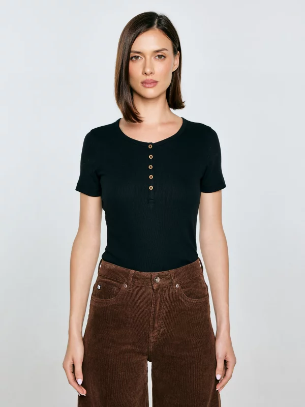 Koszulka damska w prążek z ozdobnymi guzikami czarna Werta 906