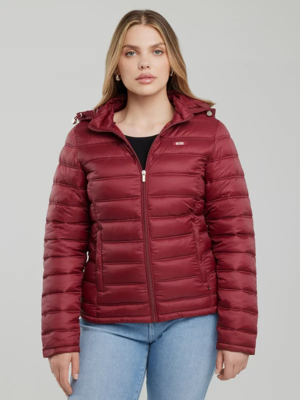 Kurtka damska pikowana z odpinanym kapturem bordowa Azeala23 604