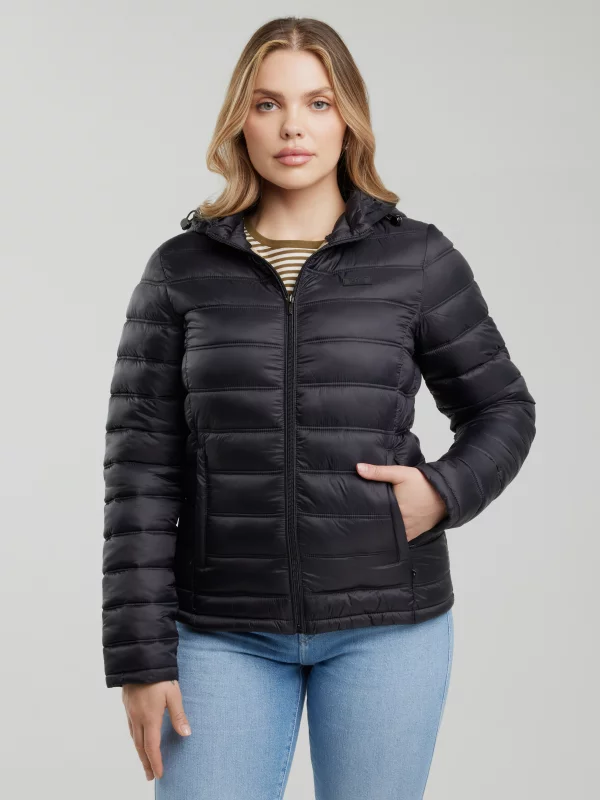 Kurtka damska pikowana z odpinanym kapturem czarna Azeala23 906