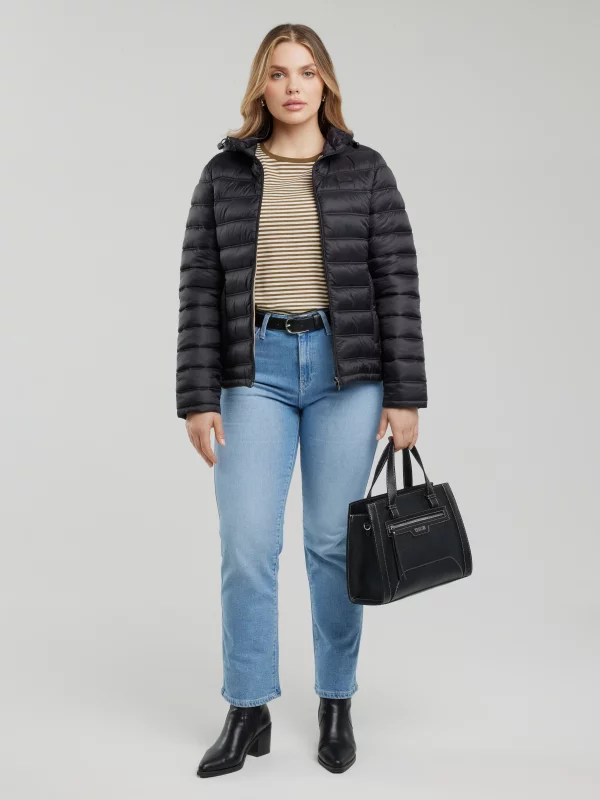 Kurtka damska pikowana z odpinanym kapturem czarna Azeala23 906