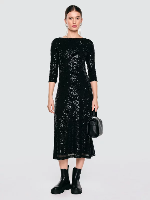Sukienka damska midi cekinowa z rękawem 3/4 czarna Alex 906