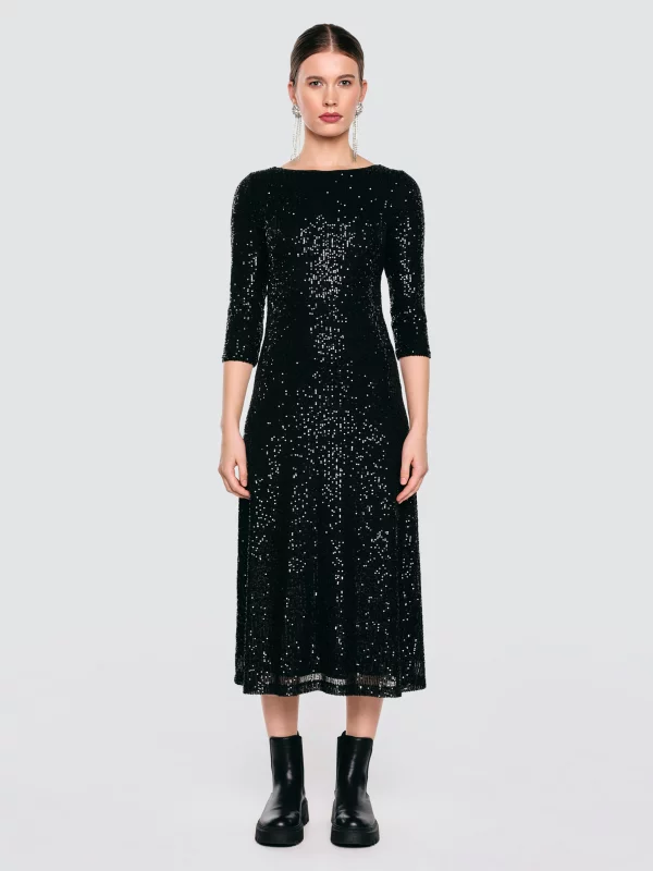 Sukienka damska midi cekinowa z rękawem 3/4 czarna Alex 906