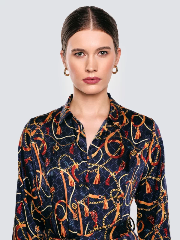 Sukienka damska midi koszulowa z nadrukiem granatowa Umi 403