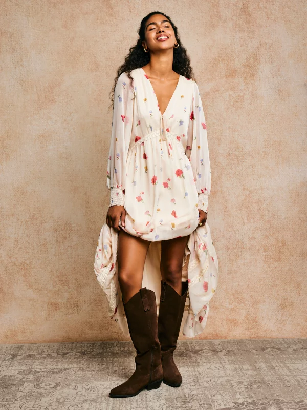 Sukienka damska maxi z motywem kwiatowym kremowa Ester 103