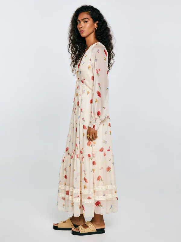Sukienka damska maxi z motywem kwiatowym kremowa Ester 103