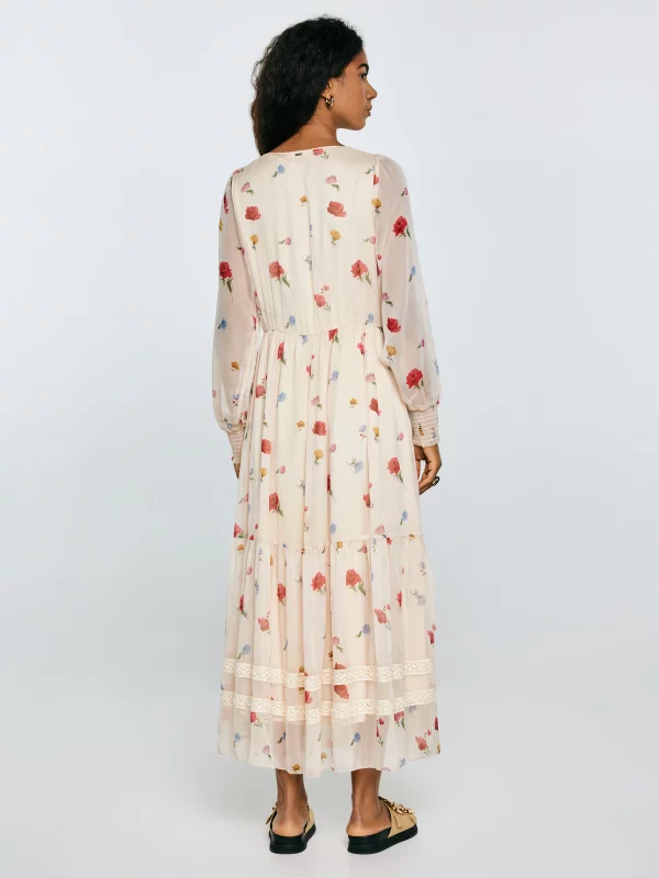 Sukienka damska maxi z motywem kwiatowym kremowa Ester 103