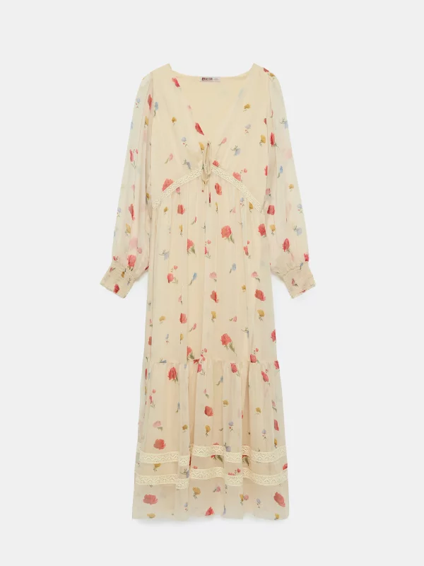 Sukienka damska maxi z motywem kwiatowym kremowa Ester 103