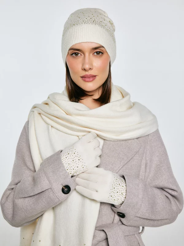 Rękawiczki damskie z ozdobnymi kryształkami kremowe Cristali 103