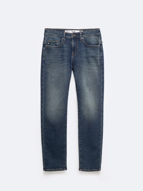 Jeansy męskie dopasowane z przetarciami granatowe Terry 541