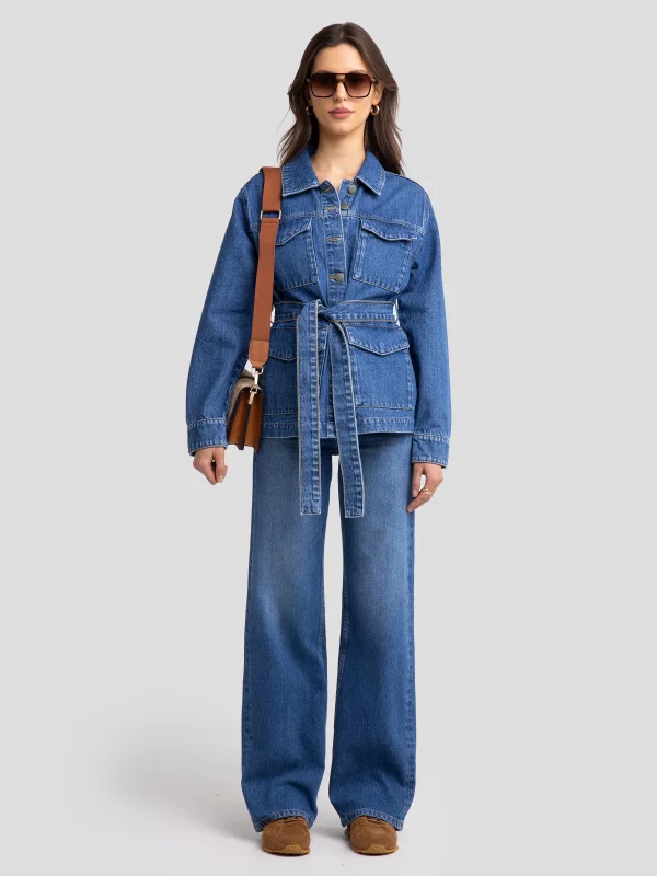 Kurtka damska jeansowa z wiązaniem w pasie niebieska Chelsey 379