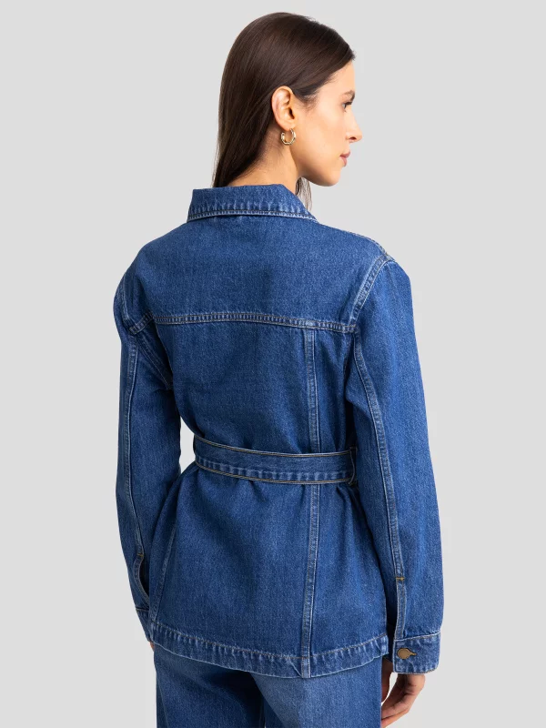 Kurtka damska jeansowa z wiązaniem w pasie niebieska Chelsey 379