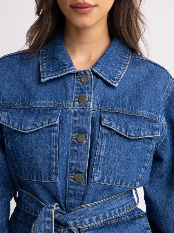 Kurtka damska jeansowa z wiązaniem w pasie niebieska Chelsey 379