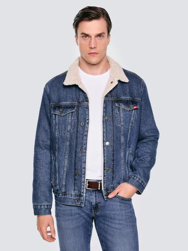 Kurtka męska jeansowa z kożuszkiem niebieska Ruben 353