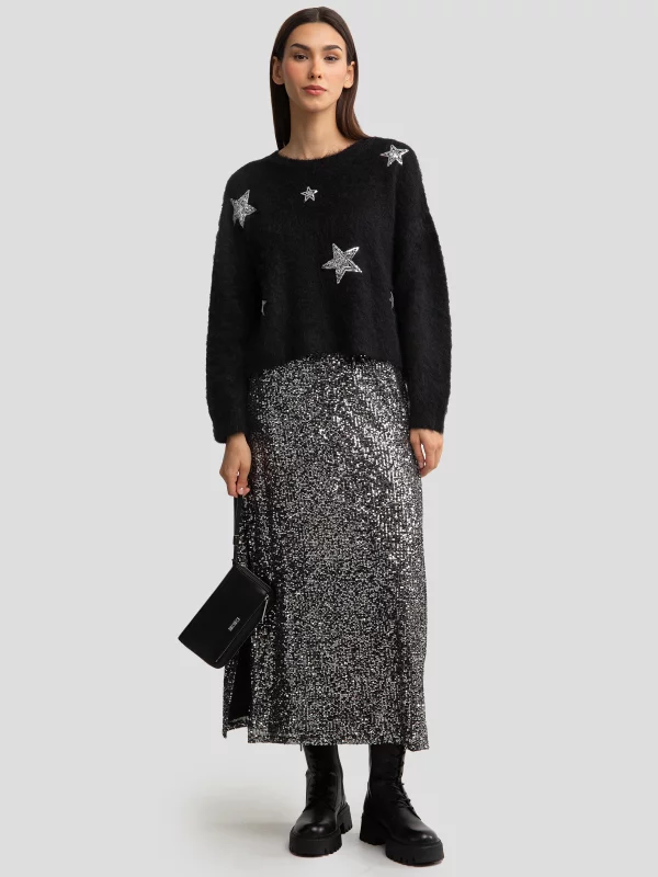 Sweter damski z dodatkiem wełny z aplikacją czarny Starlia 906