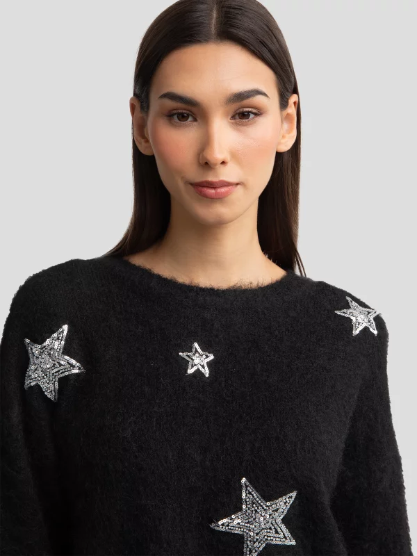 Sweter damski z dodatkiem wełny z aplikacją czarny Starlia 906