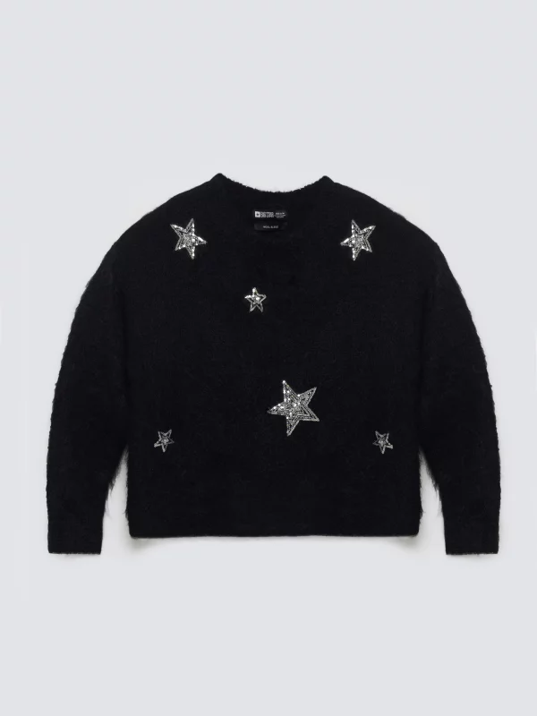 Sweter damski z dodatkiem wełny z aplikacją czarny Starlia 906