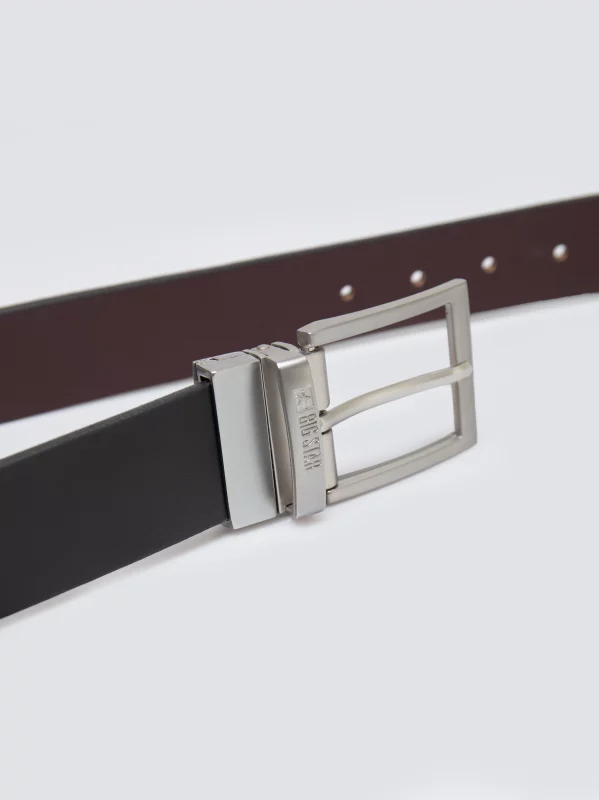 Pasek męski skórzany dwustronny ze srebrną klamrą czarny Ariso 906