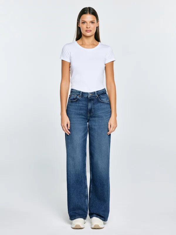 Jeansy damskie z szeroką nogawką niebieskie Atrea 389