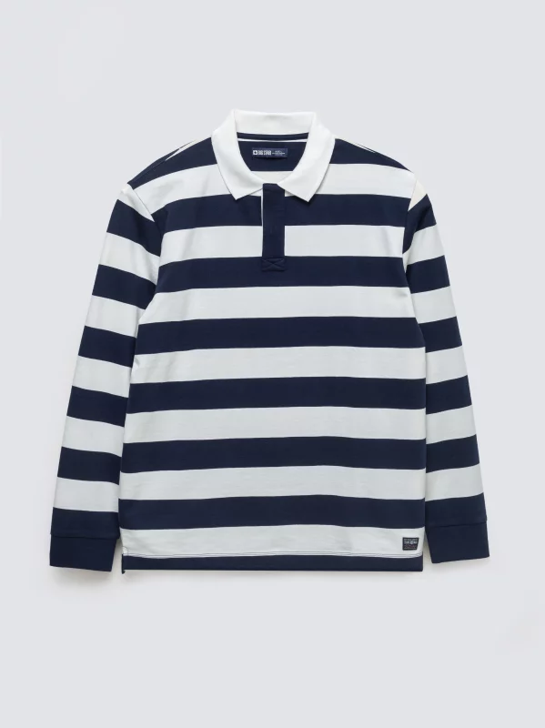 Koszulka męska polo z długim rękawem w pasy granatowo-białe Miker 100